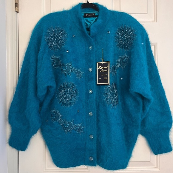 Rare Vintage Angora Embroidered Beaded NWT Dead-stock Turquoise Cardigan M - Picture 5 of 16